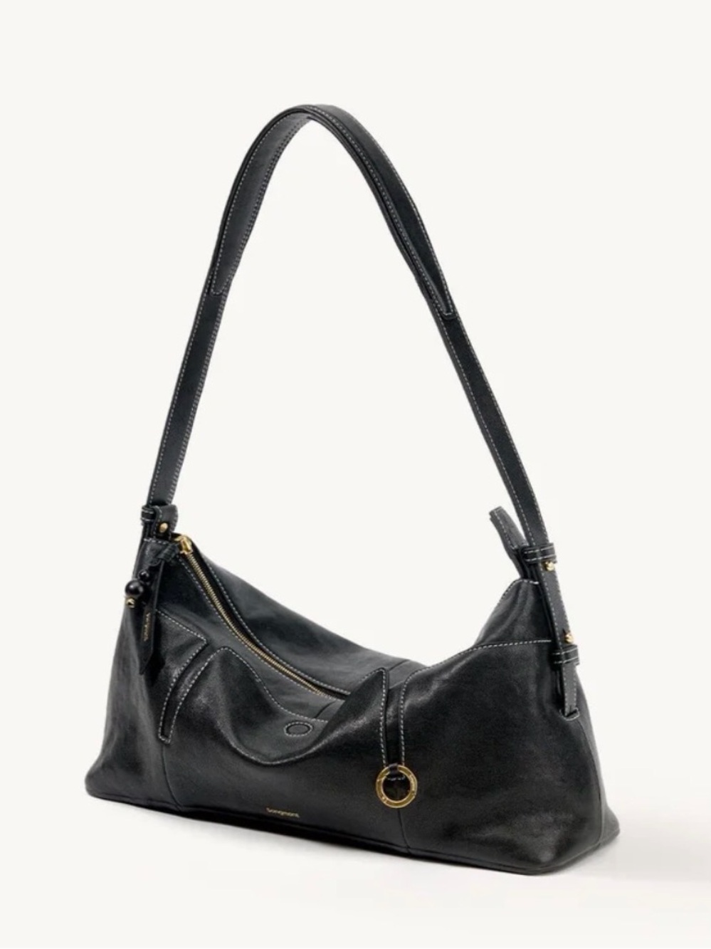Songmont H Yore Black Leather Shoulder Bag with Gold Hardware